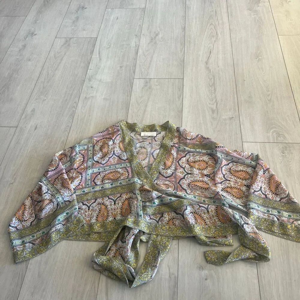 Anthropologie Kimono Chartreuse Green Paisley Sheer Tie Front One Size